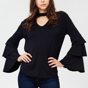 MOCK NECK-CUTOUT TIERED BELL-SLEEVE TOP